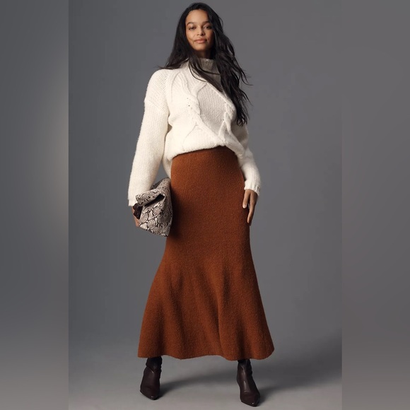 NWT! Anthropologie Maeve Bronze Fit & Flare Sweater Midi Skirt - Size Small 🍬 - Picture 1 of 5